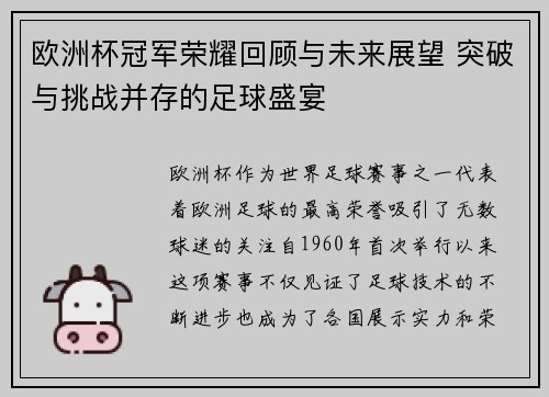 欧洲杯冠军荣耀回顾与未来展望 突破与挑战并存的足球盛宴
