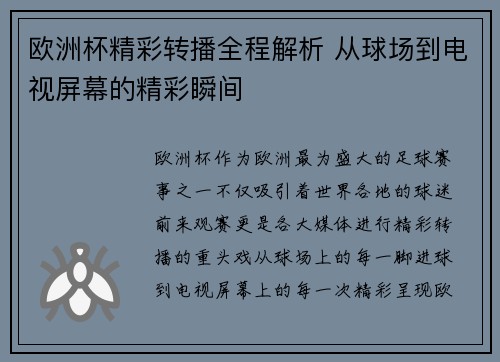 欧洲杯精彩转播全程解析 从球场到电视屏幕的精彩瞬间