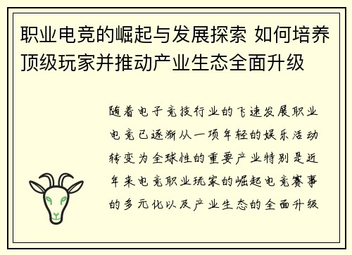 职业电竞的崛起与发展探索 如何培养顶级玩家并推动产业生态全面升级