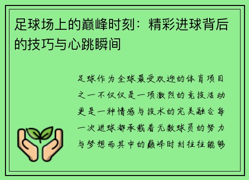 足球场上的巅峰时刻：精彩进球背后的技巧与心跳瞬间